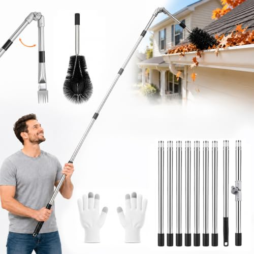 4M Telescopic Gutter Cleaner Kit with Adjustable Angle Pole, Brush & Rake