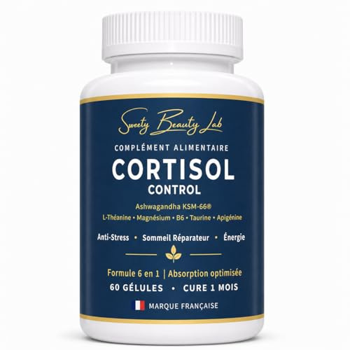 Cortisol Control – Ashwagandha KSM-66 600mg, L-Théanine, Magnésium, B6, Taurine – Complément Anti-Stress, Sommeil Réparateur & Énergie – 60 Gélules Vegan Cure 1 Mois – Marque Française