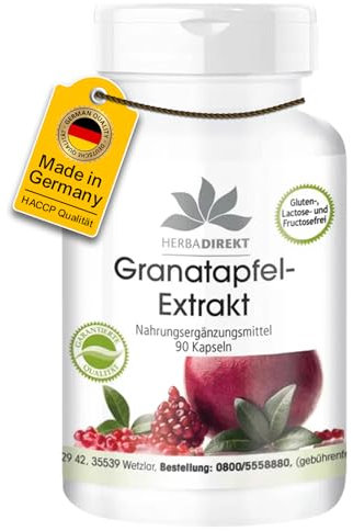 Granatapfel-Extrakt 500mg - 90 Kapseln - hochdosiert - mit 40% Ellagsäuren - vegan | HERBADIREKT by Warnke Vitalstoffe - Deutsche Apothekenqualität
