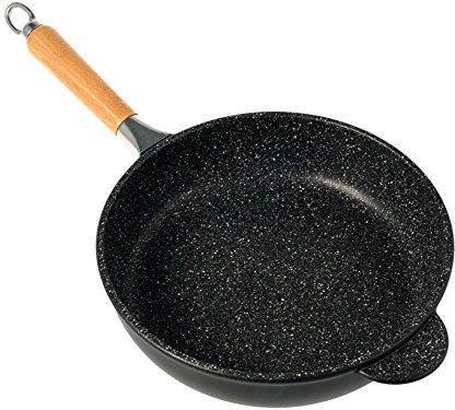 H&H Padella Alta Antiaderente Pietra Manico in Legno Cm32 Pentole Cucina, Nero, 32 cm