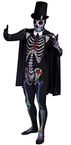 DAY OF THE DEAD COSTUME SUGAR SKULL SKELETON SKIN SUIT HALLOWEEN FANCY DRESS COSTUME FOR MEN - EXTRA TALL DELUXE BLACK FELT STOVEPIPE TOPHAT + WHITE SATIN BOWTIE + BLACK CAPE BY ILOVEFANCYDRESS® DIA DE LOS MUERTOS MEXICAN SPANISH SENOR (SMALL/MEDIUM)