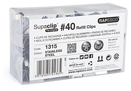 Rapesco 1315 Supaclip 40 storpack med påfyllningsklämmor i rostfritt stål, paket med 350