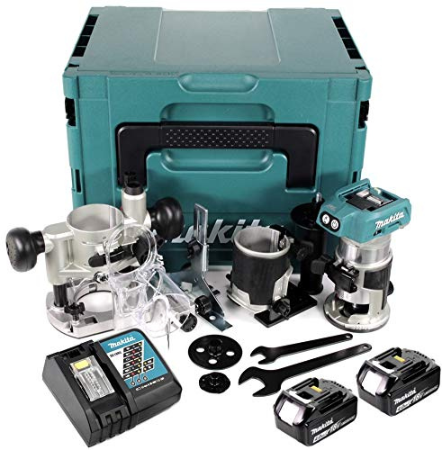 Makita DRT 50 RMJ X2 18 V Li-Ion Affleureuse plaque de plâtre sans fil Brushless avec boîtier Makpac + 2x Batteries BL 1840 4,0 Ah + Chargeur DC18RC + Module de fraisage