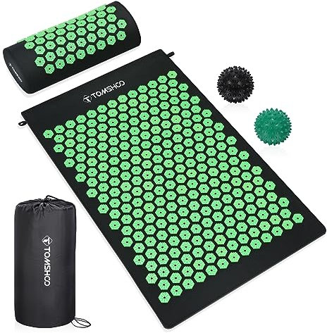 TOMSHOO Acupressure Set, Acupressure Mat and Pillow with 2pcs Massage Balls- Pain Relief Therapy Muscle Back Neck with Travel Bag for Men and Women Green