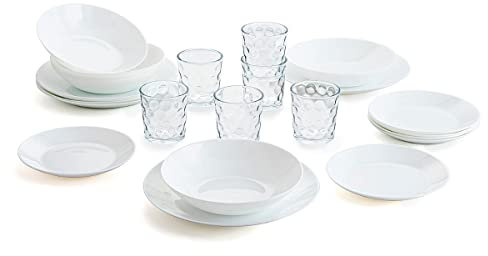 Arcopal Vajilla blanca completa para 6 personas 18 piezas + Set de 6 vasos de vidrio 26cl, Único, 19 piezas