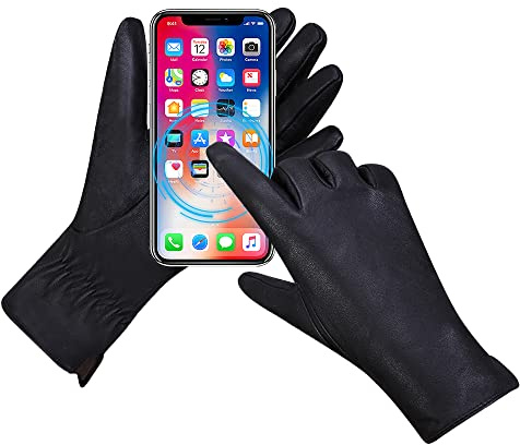 MGGMOKAY Gants en cuir d'hiver pour femmes Gants de conduite en peau de mouton à écran tactile doublés de cachemire chaud,Noir,S