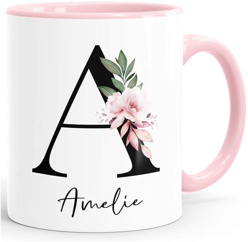 SpecialMe® Kaffee-Tasse mit Buchstabe Monogramm personalisiert mit Namen Initiale Blumen-Motiv persönliche Geschenke Rosa Keramik-Tasse