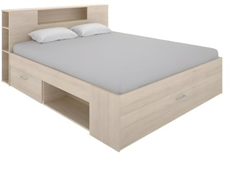 DEKIT GRUPO RIMOBEL LANKA - Cama de matrimonio con almacenaje en cabecero y bajo cama - Natural - 95x149x218 cm