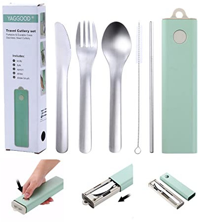 Camping Cutlery Set with case Outdoor Dining Cutlery Set Reusable Cutlery Set with Knife,Fork,Spoon, Straw, Brush picnicware for Home Use/Travel Cutlery Set (Green & Grey)