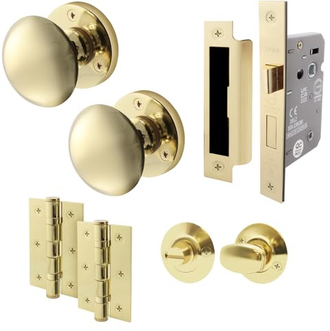 EAI Polished Brass Door Knobs with Bathroom Lock 80mm, Hinges - Victorian | Complete Bathroom Kit with 1 Pair of Victorian Mortice 55mm Door Knobs, 80mm Bathroom Lock, 76mm Hinges, Fixings Included