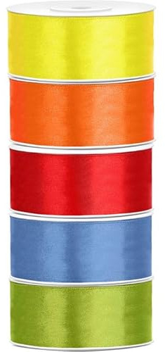 Satin Geschenkband 25mm 5 Farben je 25m lang bunt gelb orange rot blau grün Schleifenband Geschenkverpackung Geburtstag Hochzeit Weihnachten 5er Set