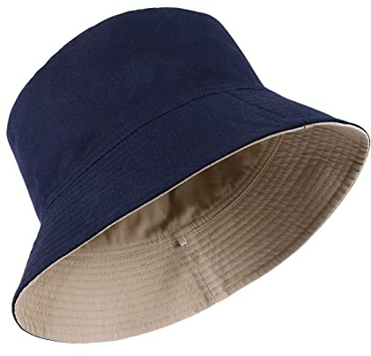 TAGVO Fiskare Hatt XXL Fiskehatt Män Kvinnor Vikbar Bucket Hat Bomull Strand Hattar Solskydd Fiskarhatt, Vändbar, D-Navy-Beige-04, L