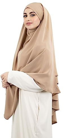 Lamis Hijab - Khimar 2 veli di seta di medina alta jilbab per donna musulmana velata KH200, beige marrone, taglia unica