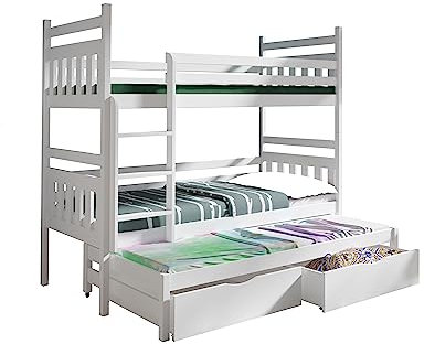 KEF Lena Etagenbett Kinder 80x200 cm - Etagenbett 3 Personen - Holz Kinderbett - für DREI Kinder - mit Schubladen - Ausziehbares Drittes Bett - mit Matratze - Weiß