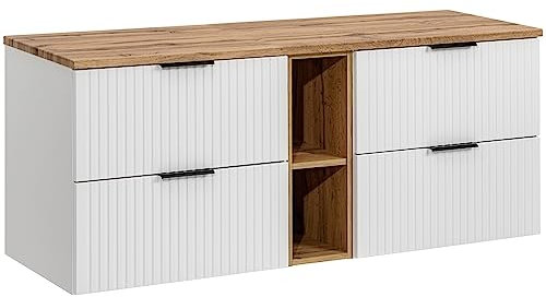 Lomadox Mobile doppio lavabo 140 cm bianco con rovere Nb., frontale scanalato, piano lavabo in rovere, 4 cassetti