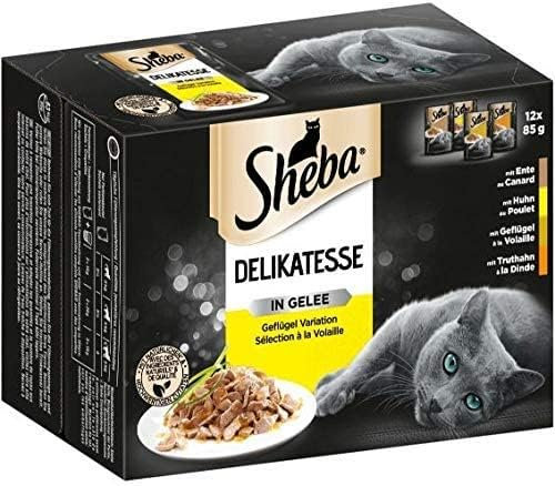 Sheba Delikatesse Katzennassfutter in Gelee, 12x85g Katzenfutter nass, Geflügel Variation mit Ente, Huhn, Geflügel und Truthahn
