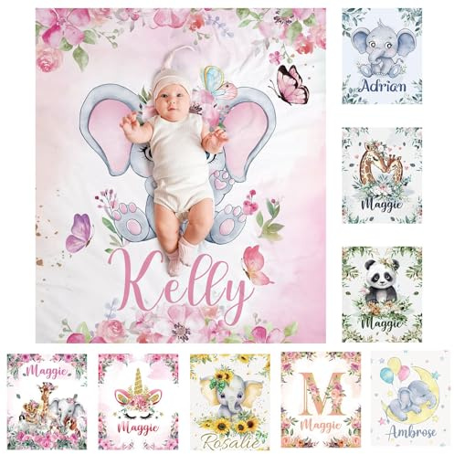 SearchI Personalisierte Babydecke mit Namen 90X120cm,Weich Warme Baby-Überwurfdecke für Junge Mädchen,Kinderdecke Namensdecke Personalisiert Geburtstaggeschenk(Elefantenrosa)