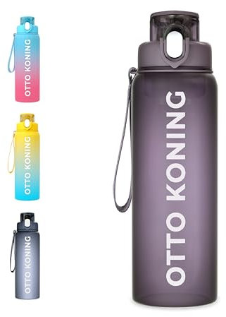 Otto Koning Borraccia 1 Litro Palestra Borracce Fitness Antigoccia, Bottiglia Acqua BPA Free con Apertura Un Pulsante, Spazzola Pulizia Inclusa - Per Scuola, Ufficio, Sport