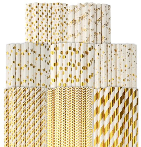 200 Stück Papierstrohhalme, Goldene Biologisch Abbaubare Trinkhalme für Abschlussfeier, Hochzeit, Geburtstag, Cocktail Feier Partyzubehör - 8 Stile