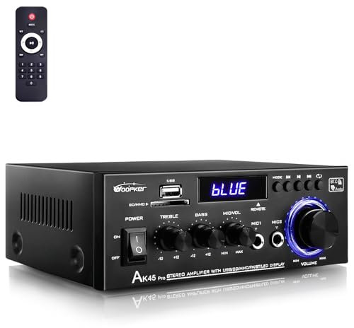 WOOPKER AK45 Pro Verstärker HiFi Stereo 500 Watt, 2 Kanal Mini Audio Receiver mit w/UKW-Radio, USB/SD/AUX/RCA/MIC In,12V 220V Bluetooth Verstärker für Lautsprecher