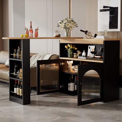Rtopsu Ausziehbarer Bartisch Beistelltisch Esstisch Sideboard mit LED, Bistrotisch Stehtischschrank Buffetschrank mit 4 Stauraum Regal und Schrank für Esszimmer Wohnzimmer, 193x39x105 cm, Schwarz