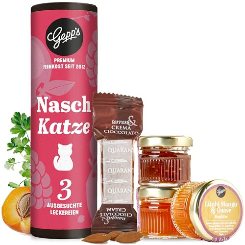 Gepp’s Feinkost Geschenkset “Naschkatze” I 3 Mini-Marmeladengläser | Probierset I In den Geschmacksrichtungen Litschi-Guave-Mango, Aprikose-Yuzu & Feige I Gourmet Geschenkset