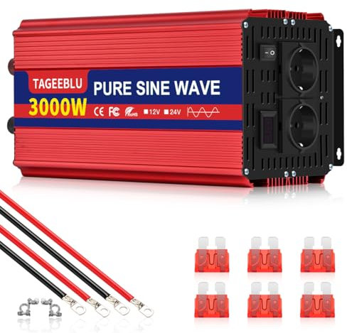 TAGEEBLU 3000W wechselrichter 12v auf 230v Reiner Sinus, spannungswandler 12v 230v, Wechselrichter für Fahrzeuge mit Alligatorclip, 2 AC Steckdose und LCD Bildschirm