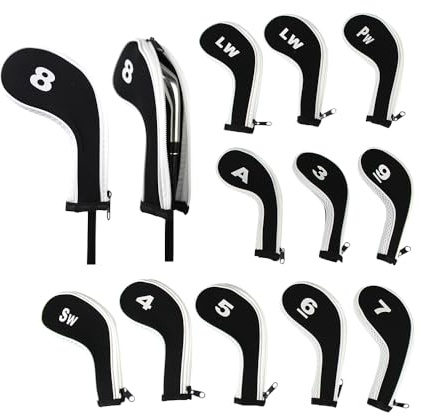 Scott Edward 12pcs Number Print Golf Club Irons Covers Neoprene Zippered Golf Wedge Covers with Long Neck Protective Mesh Golf Head Covers for Men Women Fit Most Standard Irons