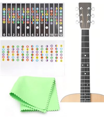 KGDUYC 4pcs Gitarren Griffbrett Noten Aufkleber, Griffbrett Gitarrenhals Aufkleber Noten Lernen für Anfänger E-A-D-G-B-E, ideal für saitige Gitarre Akustikgitarre, mit 1 Instrumentenreinigungstuch