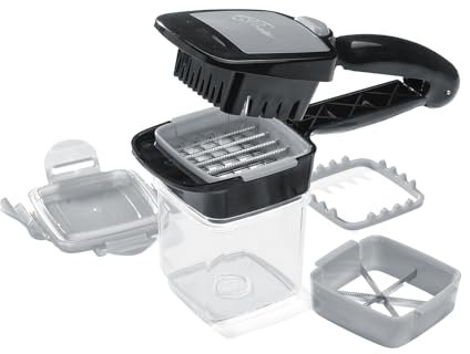 Genius Nicer Dicer Quick Gemüseschneider 7 tlg., Gemüsehobel Zwiebelschneider, Gemüse Obst Zerkleiner in Wüfel Scheiben, 4 Messereinsätze 200 ML Auffangbehälter