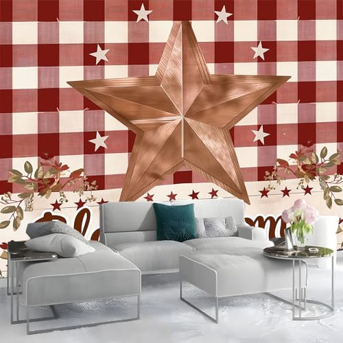 Fototapete 250x175cm Retro-Plaid Sterne 3D Effekt Hochwertige XXL Moderne Wanddeko Tapete, Rot Vlies Tapete Wandbild für Wohnzimmer Schlafzimmer Büro