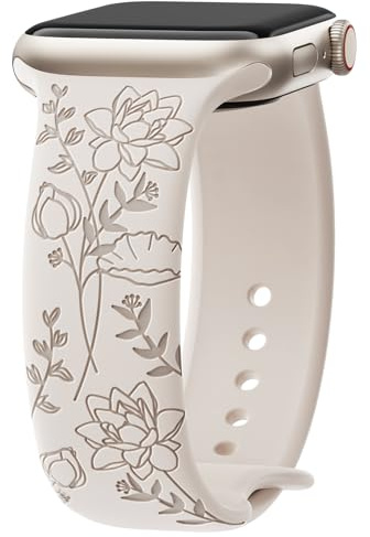Yoohoo Floral Engraved Band for Apple Watch Straps 44mm 45mm 46mm 49mm | Soft Silicone Sport Band for Women,Cute Lotus Flower Strap for iWatch Series 11 10 9 8 7 6 5 4 3 2 1 SE Ultra,Starlight