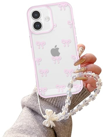 EYZUTAK Case for iPhone 16, Clear Cute Ribbon Bowknot Aesthetic Phone Case with Charm Bracelet Chain Raised Camera Protection Stylish Soft Durable TPU Protective Cover for Women Girls - Pink