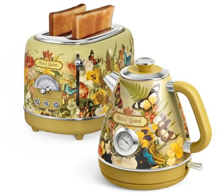 Hazel Quinn X Eduardo Recife Kooperations Wasserkocher 1,7 Liter 2200 W, BPA-frei, 360° Gerätefuß, Toaster Retro Style Frühstückssets, 2 Extra Breiten Toastschlitzen, Abschaltautomatik, Blumendruck