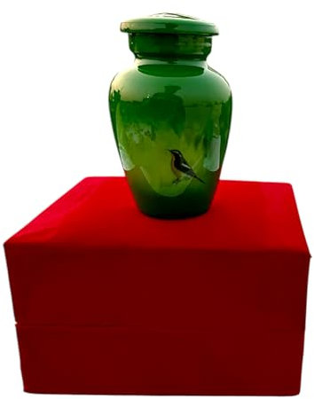 Mini urna de cremación, verde con diseño de pájaro, caja de regalo de válvula roja, urnas pequeñas de recuerdo para cenizas humanas y de mascotas, soporte conmemorativo de cenizas de aluminio,