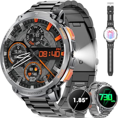 Smartwatch Uomo 1.85 HD 730mAh Orologio Smartwatch con Torcia LED Orologio Militare Compatibile iOS Android (Risposta alle Chiamate Bluetooth) Smart Watch con Sonno/Cardiofrequenzimetro