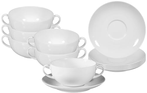 Seltmann Weiden Rondo/Liane Suppentassen mit Untertassen 6er Set, 360 ml, Klassisches Suppen-Set für 6 Personen, Spülmaschinen- und Mikrowellenfest, Suppengeschirr aus Porzellan, Weiß
