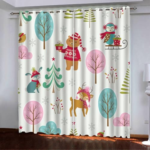 ZZTBQ Niedlich Dschungel Tier Kurz Gardinen Blickdicht Karikatur Bär REH Fuchs2er Set H 90 x B 132 cm Ösenvorhang Kurz Vorhang Kinderzimmer Verdunkelungsvorhang Weihnachten Küchengardinen