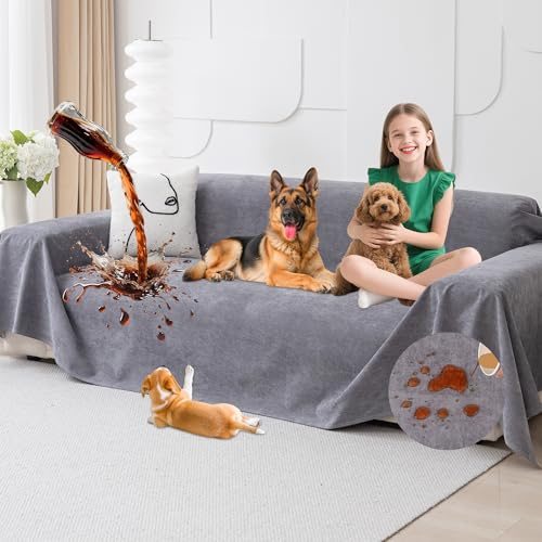 Loiion Wasserdichter Sofabezug Hund Katze 340x180cm Grau rutschfest | Hundedecke Schonbezug Couch Wasserabweisend Kratzfest Maschinenwaschbar Rutschfest Beidseitig Haustier 340x180cm