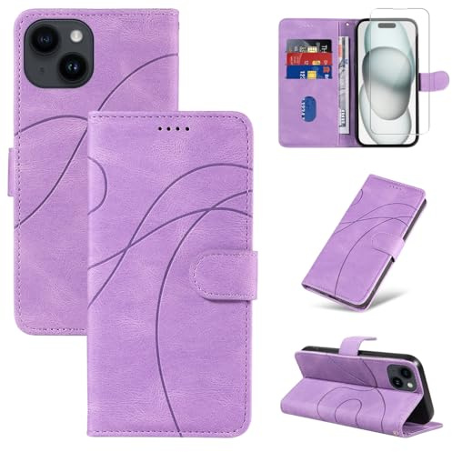 Reshias Cover Compatibile con iPhone 15 6,1 Pollici con 1 Pezzo Vetro Temperato Pellicola Protettiva, Pelle PU e Flip Custodia, Funzione Supporto e Portafoglio Caso (Viola)