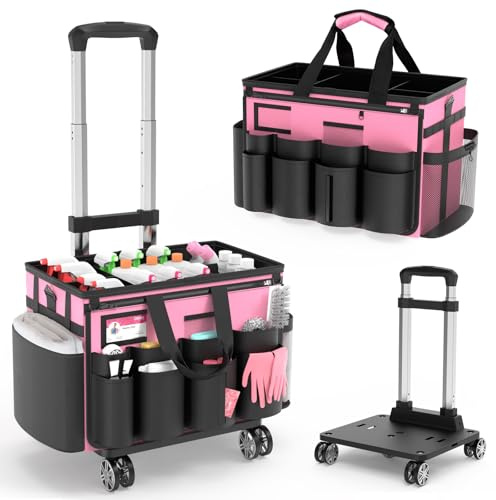 Cleaning Caddy with Wheels - Rolling Cleaning Caddy Bag with Detachable Trolley, Cleaning Caddy for Cleaning Supplies, Cleaning Bag for Housekeepers, Pink