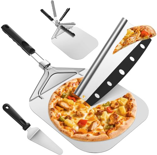Omtofo Ensemble de 3 Pièces de Pelle à Pizza, Pelle Pizza 32 cm à Manche Pliable, Grand Couteau, Pelle à Gâteau, pour Tarte Pain Gâteau