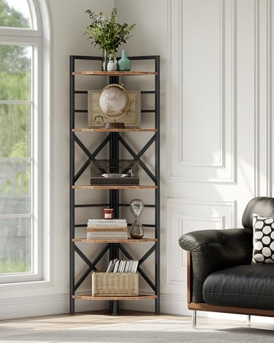 CHOEZON 69.3 Corner Shelf 5-Tier, Large Corner Shelving, Freestanding Storage Stand for Bedroom, Living Room, Kitchen, Industrial Engineered Wood Bookshelf Organizer, Rustic Brown and Black TCJ15BF