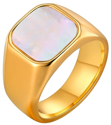 Calefee Ringe Damen Verlobungsring, Ringe mit Gravur für Freundinnen Edelstahl Goldenes Siegelring mit Perlmutt, Größe 60