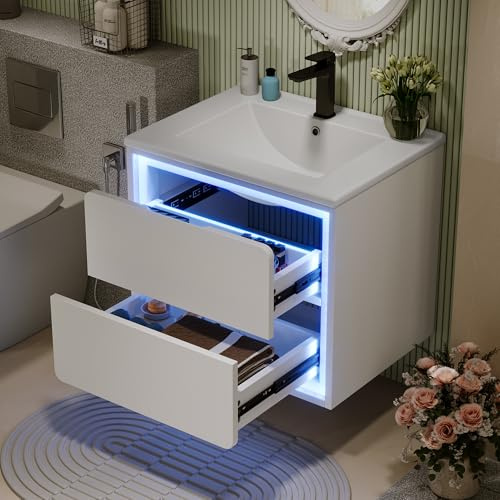 Lexiou 60 x 46 x 50 cm, pensili da parete, mobili da bagno, completamente verniciati, illuminazione a LED, due cassetti, guide scorrevoli, lavabo, lavabo integrato
