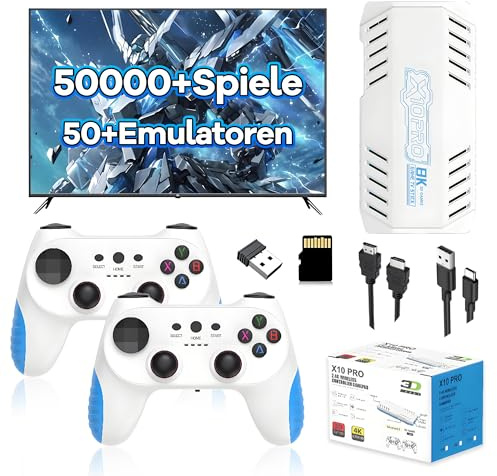 X10 Pro Retro Spielekonsole 128G, Spiel Stick mit 50000+ Integrierten Retro Spielen und 50+ Emulatoren, Plug and Play Video Emulator Spiel Stick mit 2 x 2,4G Kabelloser Controller für TV (Weiß)