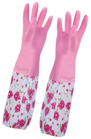 BIUDECO Thickened Dish Washing Gloves Pair Fleece Lining Winter Kitchen Gloves for Dishwashing and Cleaning Pink Long Cuff for Household Use