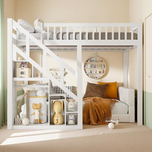 Hochbett 140 x 200 cm, Einzelbett für Kinder mit Sicherheitsleiter zur Aufbewahrung, Hüttenbett für Kinder, multifunktional, mit hohem Zaun, Fallschutz, Weiß, ohne Matratze (140 x 200 cm)
