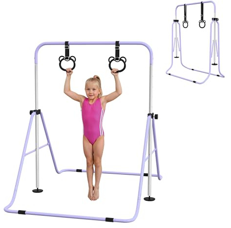 HOMCOM Barra de Gimnasia para Niños, Barra Horizontal, Equipos de Gimnasia Plegable de Altura Ajustable con Anillos de Gimnasia, Púrpura