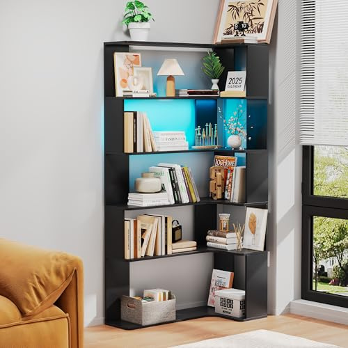 Ztexkee Estantería esquinera con Barra de luz LED Librería de 5 Niveles 169 cm Estantería en Forma de L Estante de Almacenamiento para Dormitorio, salón, Cocina, Oficina en casa Negro